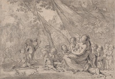 El jardín de la caridad, mujer representando la Caridad a la derecha rodeada de niños, ca. 1631-37 de Pietro Testa