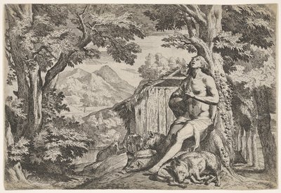 El hijo pródigo sentado al pie de un árbol entre cerdos, su mirada dirigida hacia arriba, ca. 1640-50 de Pietro Testa