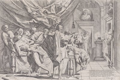 El suicidio del filósofo Cato, que yace en su cama sacándose las entrañas observado por..., 1648 de Pietro Testa