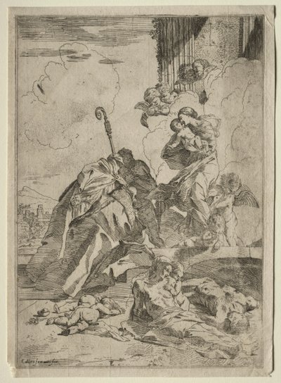 Tres santos luccheses intercediendo con la Virgen por las víctimas de la peste, ca. 1630-31 de Pietro Testa