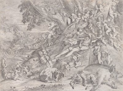 Venus y Adonis, rodeados de muchos putti, reclinados después de la caza, con un jabalí muerto, 1631-37 de Pietro Testa