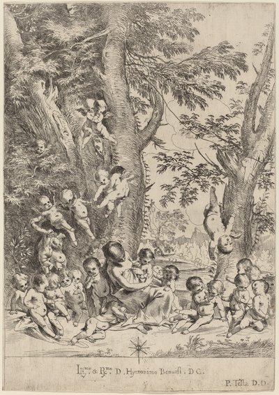 Joven mujer, rodeada de cupidos (El jardín de la caridad, versión vertical) de Pietro Testa