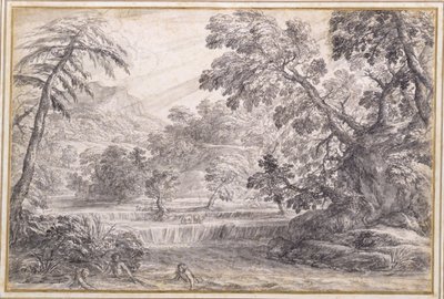 A Wooded River Landscape, c.1650 (tiza negra, pincel y tinta gris con aguada gris sobre papel) de Pietro da Cortona