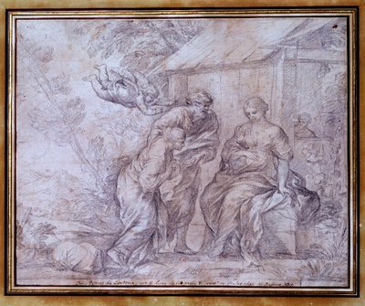 El regreso de Agar, la esclava egipcia de Sara, esposa de Abraham. Dibujo a lápiz negro de Pietro Berrettini, conocido como Pierre de Cortona o Pietro da Cortona (1596-1669). Siglo XVII. Dim. 0,27x0,33 m. Museo del Louvre de Pietro da Cortona