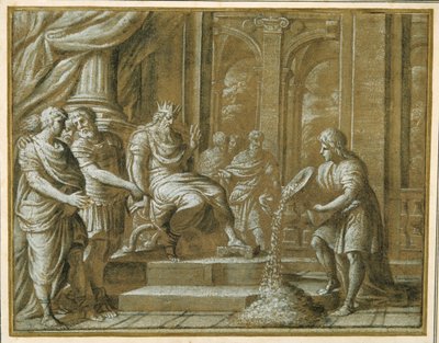 Un rey anciano, entronizado con asistentes en un entorno arquitectónico, y un joven vertiendo de un jarrón para su asombro de Pietro da Cortona