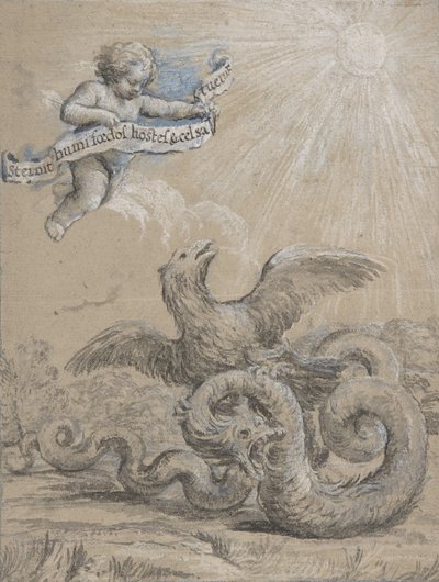 Diseño con un águila luchando con una serpiente y un putto en el cielo sosteniendo..., siglo XVII de Pietro da Cortona