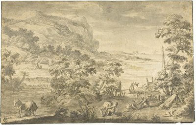 Escena costera italianizante con pescadores, campamento (recto); Estuario del río (verso) de Pietro da Cortona