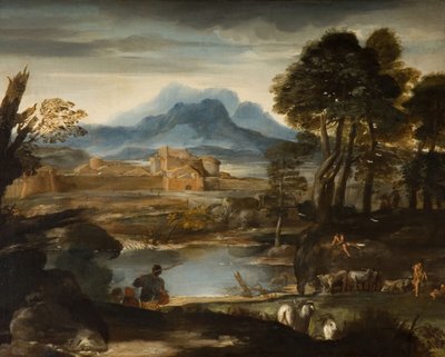 Paisaje con un lago y una ciudad amurallada, 1635 de Pietro da Cortona