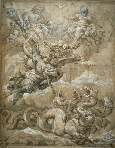 La Santísima Trinidad con San Miguel venciendo al dragón, 1666 de Pietro da Cortona