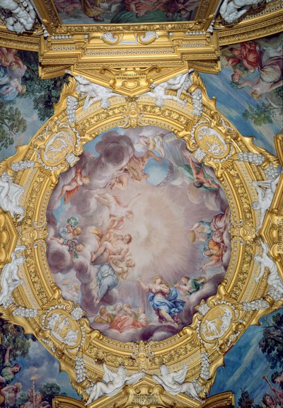 La Sala de Apolo (detalle de la decoración del techo que representa a Cosimo I de Medici siendo presentado a Apolo) de Pietro da Cortona