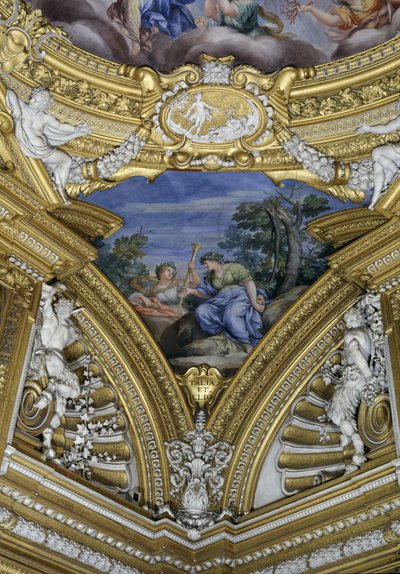 La Sala de Apolo (detalle del pendentivo que representa a las musas Thalia y Clio) de Pietro da Cortona