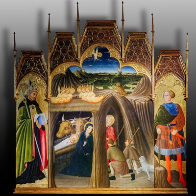 Adoración de los pastores entre los santos Galgano y Agustín, Primera mitad del siglo XV (temple sobre tabla) de Pietro di Giovanni da Ambrogio