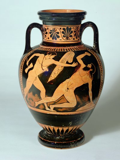Ánfora de cuello de figuras rojas que representa a Teseo a punto de matar a Procrustes, 480-470 a.C. de Pig Painter