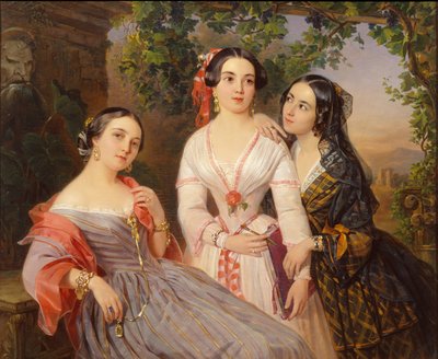 Retrato de las hermanas Condesa Elizaveta Salias De Tournemire, Sophia Sukhovo-Kobylina y Eudokia Petrovo-Solovovo, 1847 de Pimen Nikitich Orlov