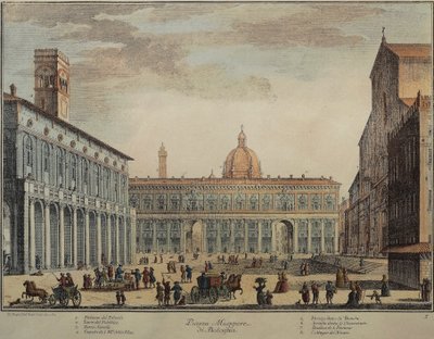 Italia, Bolonia, Piazza Maggiore o Piazza Grande, por Pio Panfili, grabado de Pio Panfili