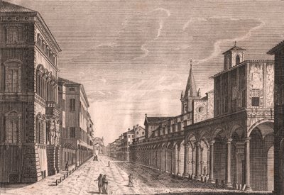 Vista de la Strada Maggiore en Bolonia, Emilia-Romaña, Italia, grabado en cobre de C. Lambertini a partir de un dibujo de Pio Panfili (1723-1812), aproximadamente 13,5 x 19 cm. de Pio Panfili