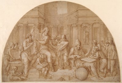Diseño para una luneta, con figuras de matemáticos y sus estudiantes de Pirro Ligorio