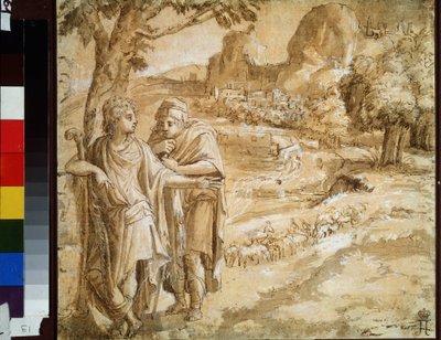 "Pastor y peregrino en un paisaje" (Pastor y peregrino en un paisaje) Acuarela y tinta de Pirro Ligorio (1510-1583) Circa 1550 Museo Pushkin, Moscú de Pirro Ligorio