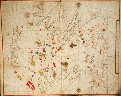 Mar Egeo, del atlas portolano que consta de seis cartas, por Placido Caloiro y Francesco Oliva, Pergamino. 1646. de Placido Caloiro e Oliva
