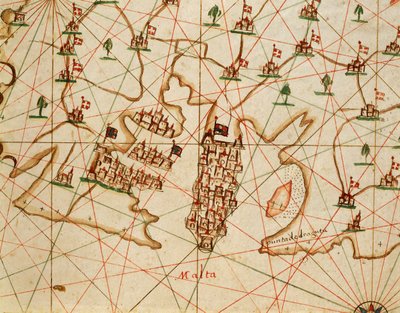Isla de Malta, del atlas portolano compuesto de seis cartas, por Placido Caloiro y Francesco Oliva, Pergamino. 1646. de Placido Caloiro e Oliva
