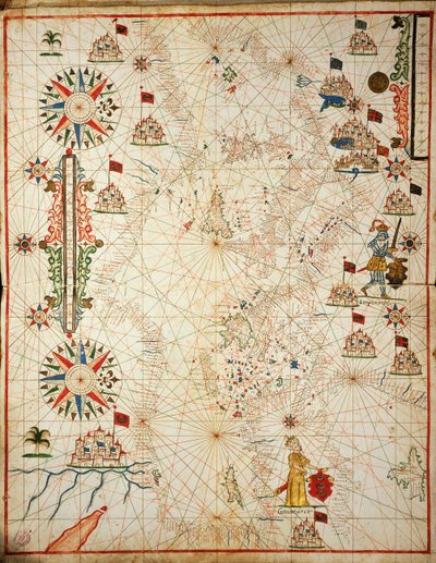 Mar Mediterráneo, del atlas portolano de seis cartas, por Placido Caloiro y Francesco Oliva, Pergamino. 1646. de Placido Caloiro e Oliva