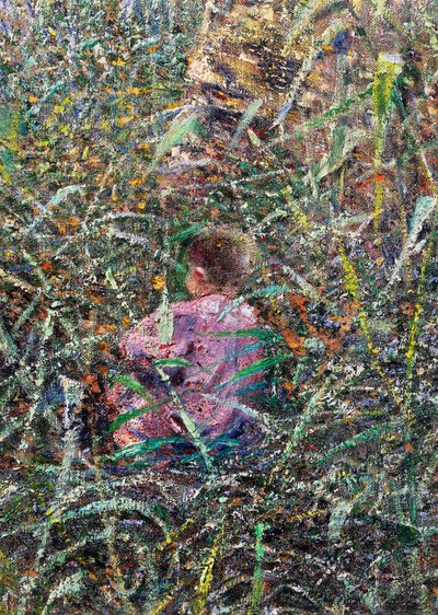 Niño en el prado, detalle de Mañana de abril en Liguria o Olivos en Albaro de Plinio Nomellini