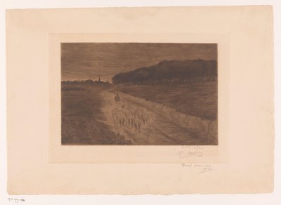 Rebaño de ovejas con pastor en un camino de páramo de Pol Craps (signed by artist)