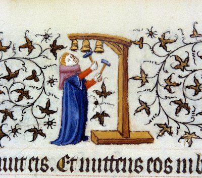 Un monje tocando campanas. Miniatura flamenca de Pol De Limburg (siglo XV) del manuscrito 