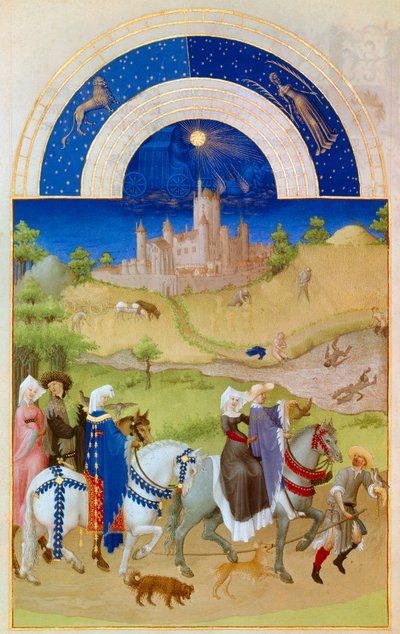 Agosto: Señores caminando por los campos mientras los campesinos cuidan la cosecha y se bañan. Al fondo: el castillo de Etampes. Miniatura en "Las muy ricas horas del Duque de Berry" de Pol De Limburg (siglo XV). Chantilly, Museo Condé de Pol de Limbourg