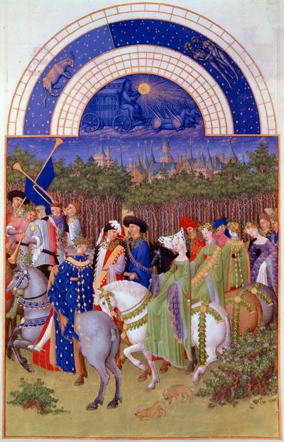 Cortejo de nobles y músicos a caballo, vista del Palacio Ducal de Riom (?) y el mes de mayo. Miniatura flamenca de Pol De Limburg (siglo XV) del manuscrito “Las muy ricas horas del Duque de Berry” de Pol de Limbourg