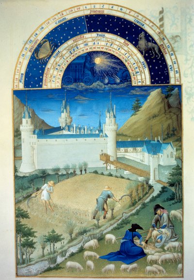 Julio: "El castillo de Poitiers, escena de cosecha y esquila" Miniatura flamenca de Pol De Limburg (siglo XV) del manuscrito "Las muy ricas horas del Duque de Berry" de Pol de Limbourg