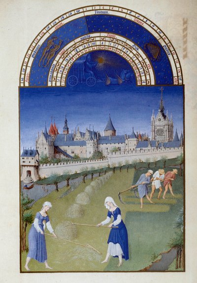 Junio: heno. En el fondo, el palacio de la Miniatura Flamenca Santa Capilla de Pol De Limburg (siglo XV) del manuscrito Las muy ricas horas del Duque de Berry de Pol de Limbourg