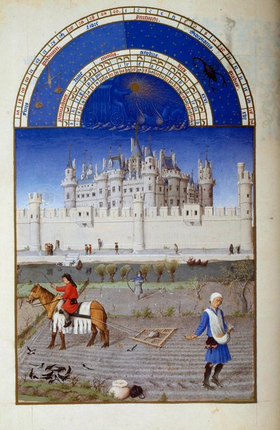 Octubre: siembra. En el fondo la Miniatura Flamenca del Louvre de Pol de Limburg del Libro de los Buenos Moros de Jacques el Grande (1360-1415/1418), dedicado a Juan Duque de Berry de Pol de Limbourg