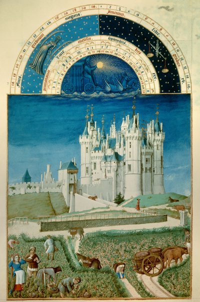 Septiembre: cosecha. Al fondo el castillo de Saumur (miniatura flamenca de Pol De Limburg) del manuscrito 