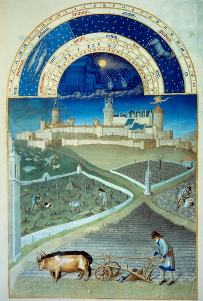 El mes de marzo: el arado. En primer plano, trabajo agrícola, campesinos arando un campo, el tamaño de las viñas, al fondo el castillo de Lusignan de Pol de Limbourg