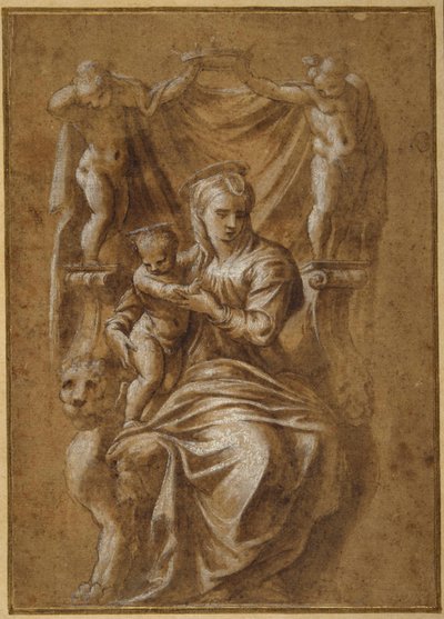 La Madonna y el Niño entronizados de Polidoro da (follower of) Caravaggio