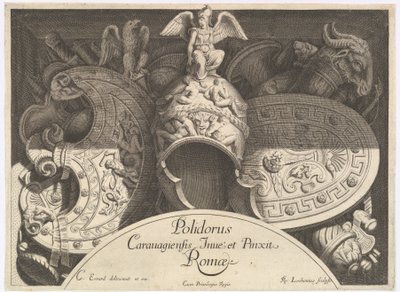 Diversos Trofeos de Armas después de la Fachada del Palazzo Milesi en Roma, 1651 de Polidoro da Caravaggio