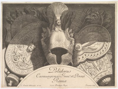 Diversos trofeos de armas después de la fachada del Palazzo Milesi en Roma, 1651. Creadores: Polidoro da Caravaggio, Rene Lochon de Polidoro da Caravaggio