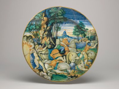 Plato de mayólica, Apolo matando a los hijos de Niobe - Forma aproximadamente 64 con borde liso, base del plato, 1548 de Polidoro da Caravaggio