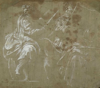 Dos profetas barbudos sentados, sosteniendo libros abiertos de Polidoro da Caravaggio