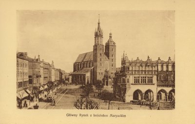Cracovia-Krakau: Plaza del Mercado Principal con la Iglesia de Santa María (foto b/n) de Polish Photographer