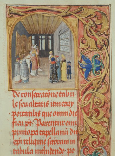 Consagración del Altar por el Obispo con la Asistencia de Canónigos y Fundadores Seculares del Pontifical del Obispo Erasmus Ciolek, c.1510 (temple y oro sobre pergamino) de Polish School
