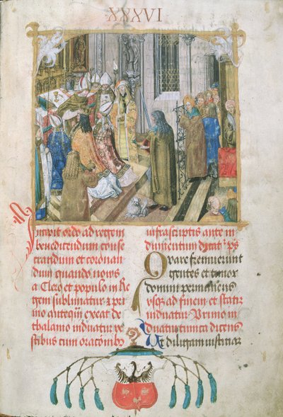 Coronación del Rey de Polonia Presentando las Insignias del Poder del Pontifical del Obispo Erasmus Ciolek, c.1510 (temple y oro sobre pergamino) de Polish School