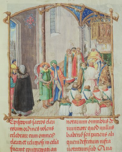 Ordenación al Sacerdocio del Pontifical del Obispo Erasmus Ciolek, c.1510 (temple y oro sobre pergamino) de Polish School
