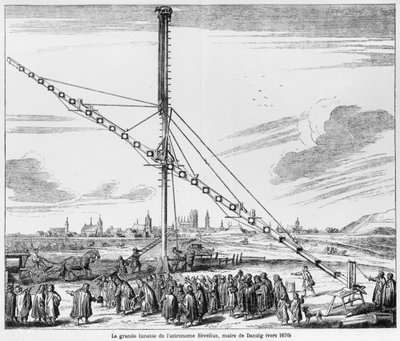 El gran telescopio astronómico de Johannes Hevelius (1611-1687) ilustración de Machina Coelestis por Hevelius, Gdansk, publicado en 1670 de Polish School