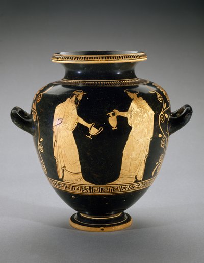 Stamnos de figuras rojas con escena de Dionisio con sirvienta, 440-420 a.C. de Polygnotos Polygnotos