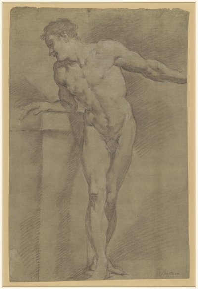 Estudio de un modelo masculino de pie apoyado en un parapeto de Pompeo Batoni