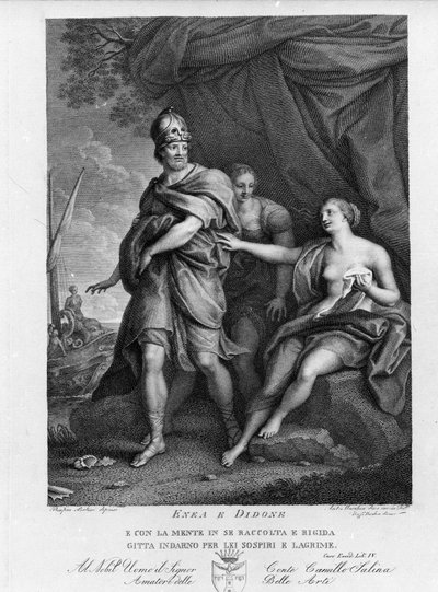 Eneida de Virgilio (70 a.C.-19 a.C.), Libro IV, el héroe troyano Eneas abandona a Dido quien se suicida desesperada. Grabado después de una pintura de Pompeo Batoni (1708-1787) de Pompeo Girolamo (after) Batoni