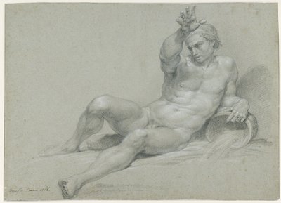 Estudio de desnudo de un modelo masculino recostado, con el brazo derecho levantado, en la pose de un antiguo dios fluvial, vista oblicua desde la izquierda de Pompeo Girolamo Batoni