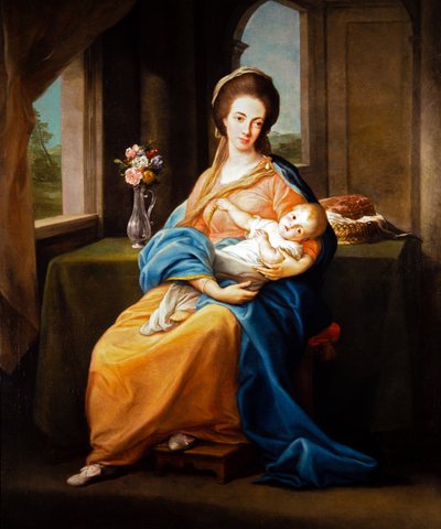 Pareja de retratos, Dama con niño (sobre lienzo) de Pompeo Girolamo Batoni